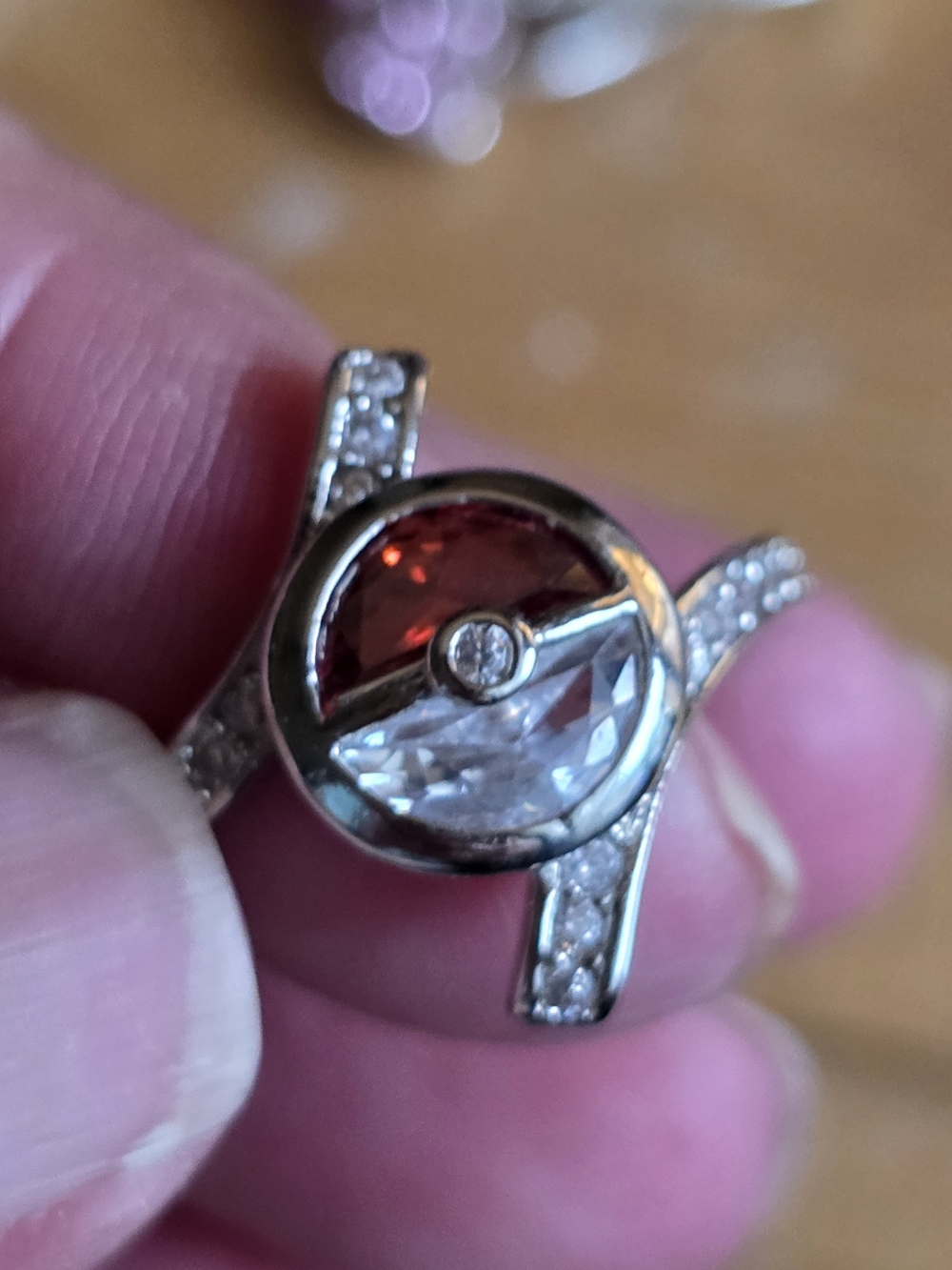 Sterling Silver Two-Tone Red & White Pokemon Gemstone Ring
